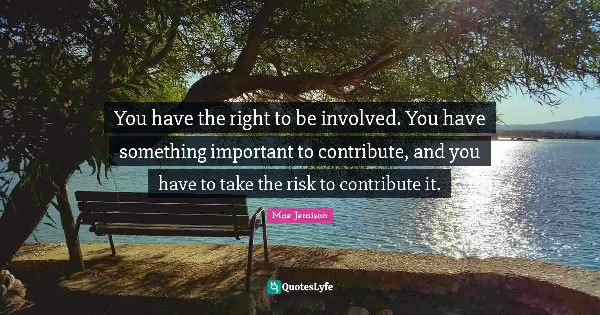 Mae Jemison Quotes: You have the right to be involved. You have something important to contribute, and you have to take the risk to contribute it.