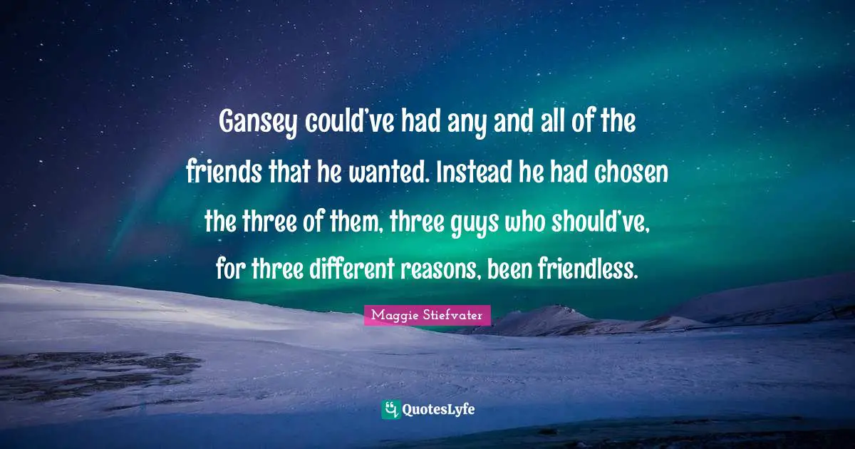 Gansey could’ve had any and all of the friends that he wanted. Instead he had chosen the three of them, three guys who should’ve, for three different reasons, been friendless.
