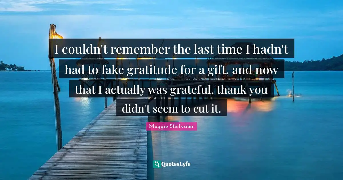 I couldn't remember the last time I hadn't had to fake gratitude for a gift, and now that I actually was grateful, thank you didn't seem to cut it.