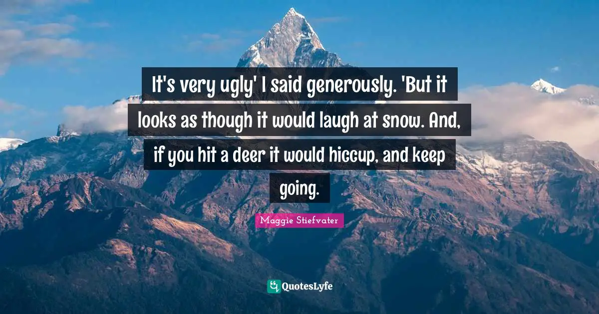 It's very ugly' I said generously. 'But it looks as though it would laugh at snow. And, if you hit a deer it would hiccup, and keep going.