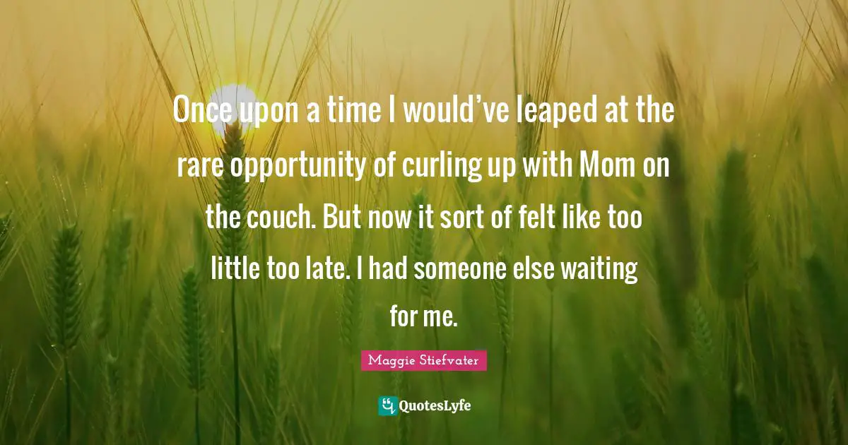 Once upon a time I would’ve leaped at the rare opportunity of curling up with Mom on the couch. But now it sort of felt like too little too late. I had someone else waiting for me.