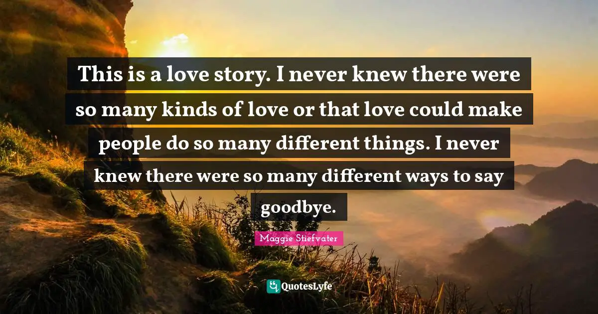 This is a love story. I never knew there were so many kinds of love or that love could make people do so many different things. I never knew there were so many different ways to say goodbye.