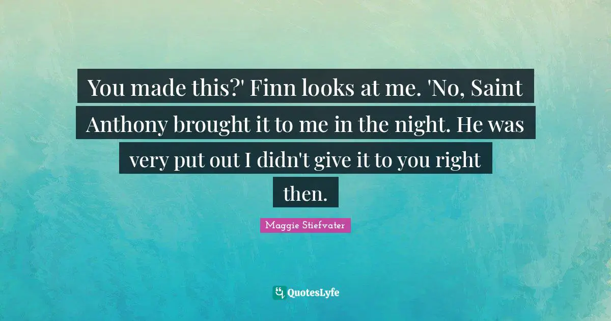 You made this?' Finn looks at me. 'No, Saint Anthony brought it to me in the night. He was very put out I didn't give it to you right then.