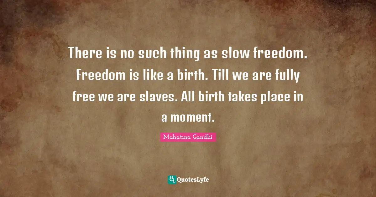 There is no such thing as slow freedom. Freedom is like a birth. Till we are fully free we are slaves. All birth takes place in a moment.