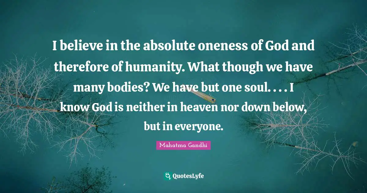 I believe in the absolute oneness of God and therefore of humanity. What though we have many bodies? We have but one soul. . . . I know God is neither in heaven nor down below, but in everyone.