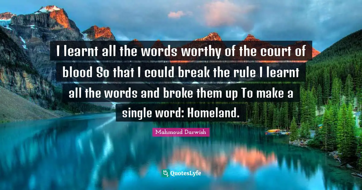 Mahmoud Darwish Quotes: "I learnt all the words worthy of the court of blood So that I could break the rule I learnt all the words and broke them up To make a single word: Homeland."