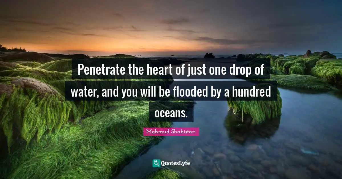 Mahmud Shabistari Quotes: "Penetrate the heart of just one drop of water, and you will be flooded by a hundred oceans."