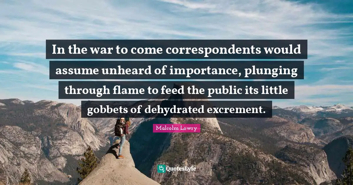 In the war to come correspondents would assume unheard of importance, plunging through flame to feed the public its little gobbets of dehydrated excrement.