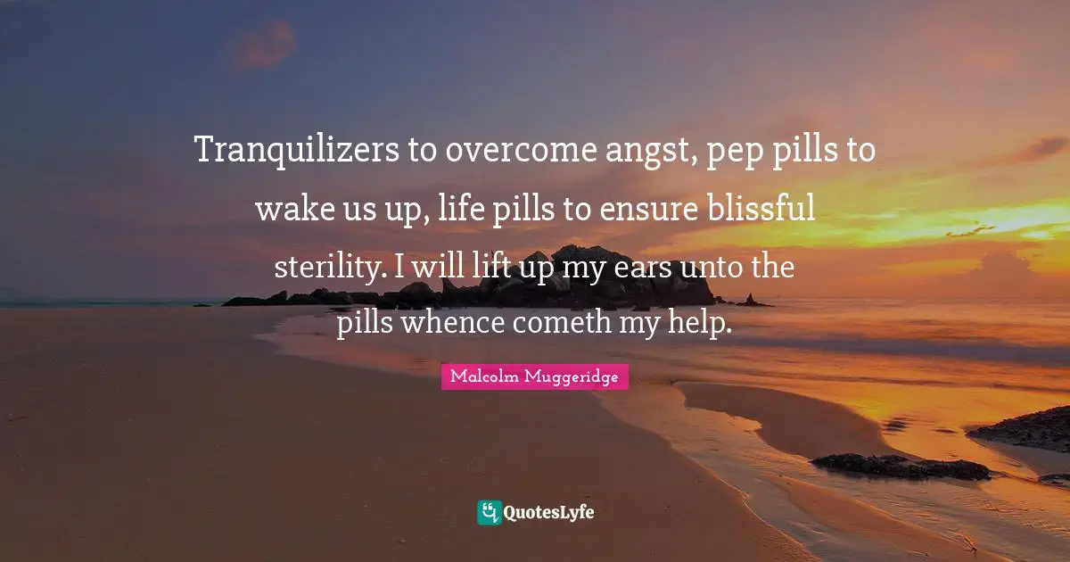 Tranquilizers to overcome angst, pep pills to wake us up, life pills to ensure blissful sterility. I will lift up my ears unto the pills whence cometh my help.