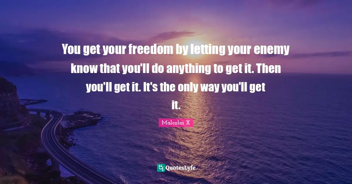 Malcolm X Quotes: "You get your freedom by letting your enemy know that you'll do anything to get it. Then you'll get it. It's the only way you'll get it."