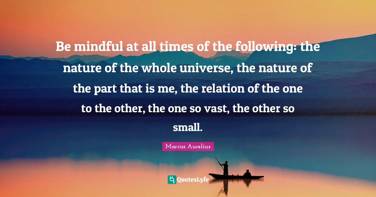 Be mindful at all times of the following: the nature of the whole universe, the nature of the part that is me, the relation of the one to the other, the one so vast, the other so small.
