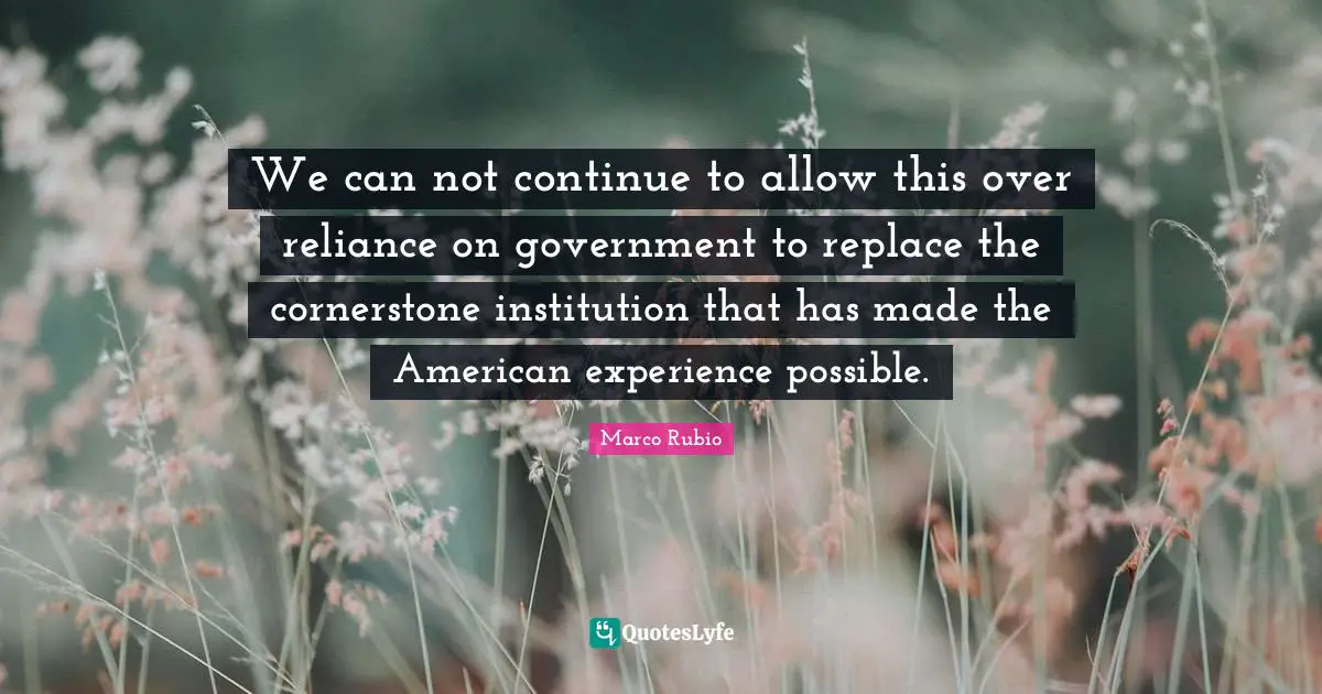 We can not continue to allow this over reliance on government to replace the cornerstone institution that has made the American experience possible.