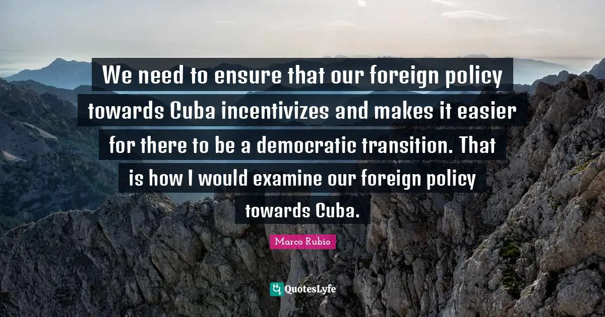 We need to ensure that our foreign policy towards Cuba incentivizes and makes it easier for there to be a democratic transition. That is how I would examine our foreign policy towards Cuba.