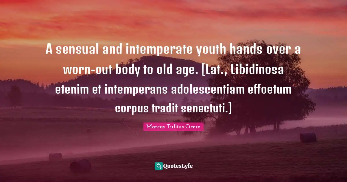A sensual and intemperate youth hands over a worn-out body to old age. [Lat., Libidinosa etenim et intemperans adolescentiam effoetum corpus tradit senectuti.]