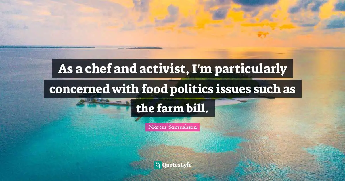 As a chef and activist, I'm particularly concerned with food politics issues such as the farm bill.
