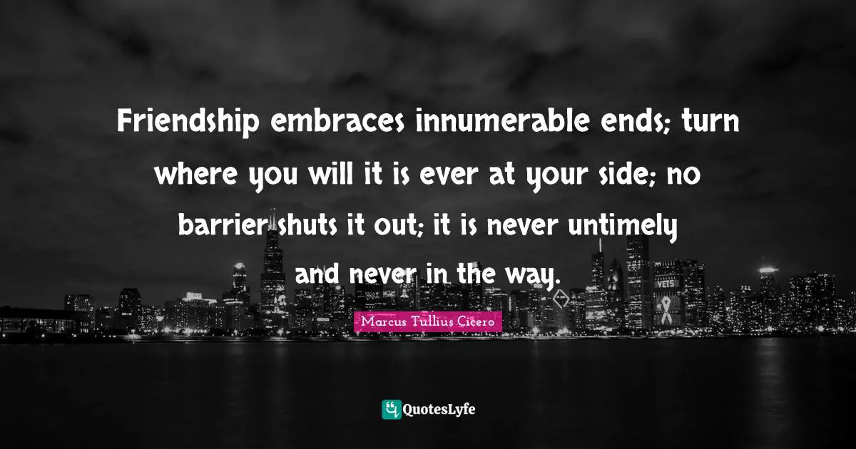 Friendship embraces innumerable ends; turn where you will it is ever at your side; no barrier shuts it out; it is never untimely and never in the way.