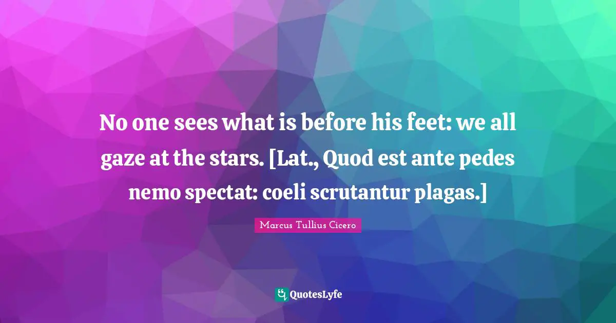 Nemo Quotes: "No one sees what is before his feet: we all gaze at the stars. [Lat., Quod est ante pedes nemo spectat: coeli scrutantur plagas.]"
