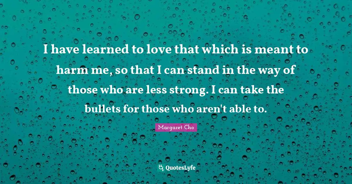 I have learned to love that which is meant to harm me, so that I can stand in the way of those who are less strong. I can take the bullets for those who aren't able to.