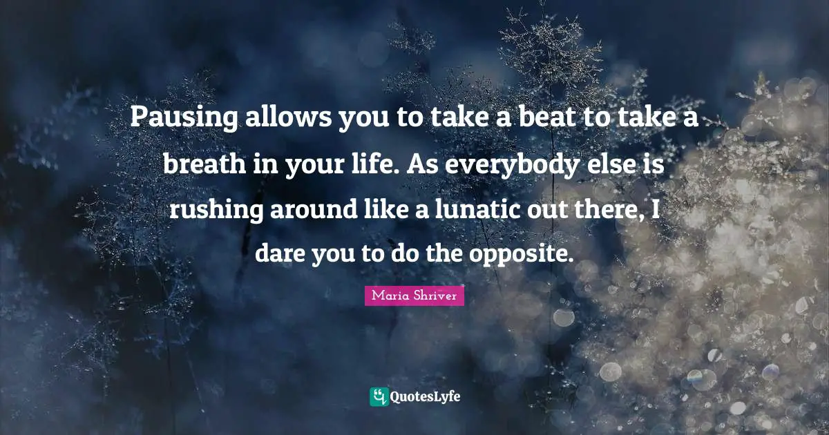 Lunatic Quotes: "Pausing allows you to take a beat to take a breath in your life. As everybody else is rushing around like a lunatic out there, I dare you to do the opposite."