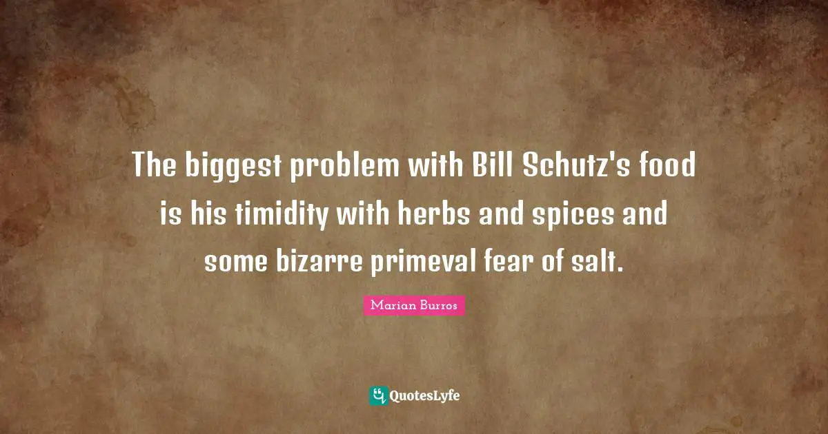 The biggest problem with Bill Schutz's food is his timidity with herbs and spices and some bizarre primeval fear of salt.