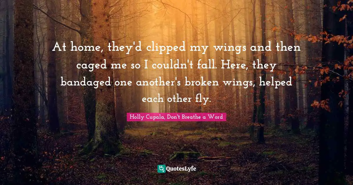 At home, they'd clipped my wings and then caged me so I couldn't fall. Here, they bandaged one another's broken wings, helped each other fly.