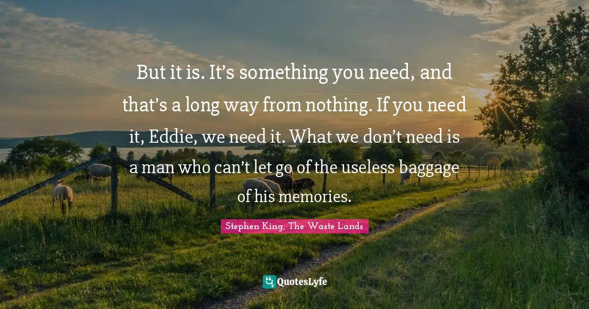 Stephen King, The Waste Lands Quotes: But it is. It’s something you need, and that’s a long way from nothing. If you need it, Eddie, we need it. What we don’t need is a man who can’t let go of the useless baggage of his memories.