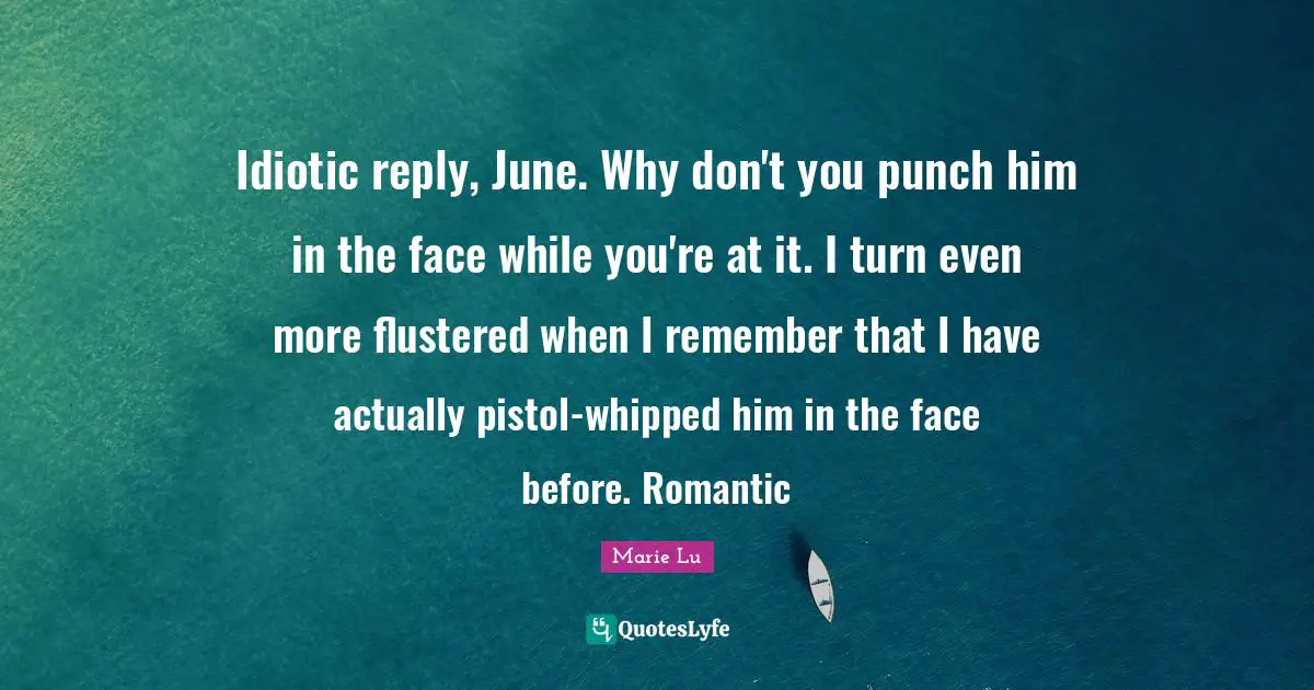 Idiotic reply, June. Why don't you punch him in the face while you're at it. I turn even more flustered when I remember that I have actually pistol-whipped him in the face before. Romantic