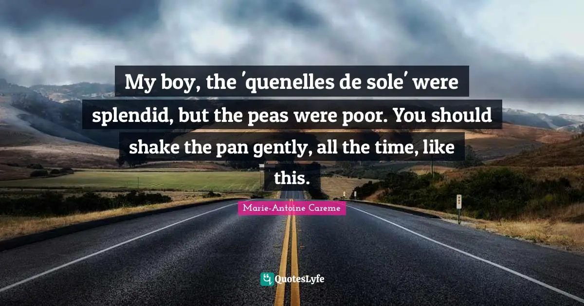 Marie-Antoine Careme Quotes: My boy, the 'quenelles de sole' were splendid, but the peas were poor. You should shake the pan gently, all the time, like this.