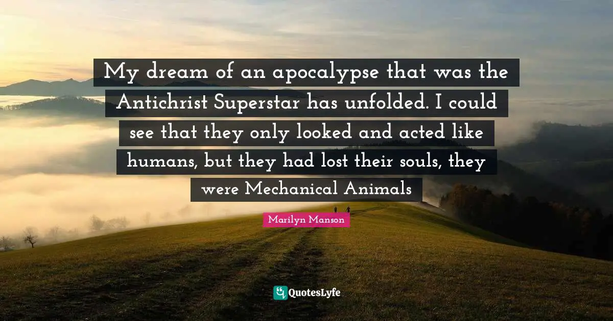 My dream of an apocalypse that was the Antichrist Superstar has unfolded. I could see that they only looked and acted like humans, but they had lost their souls, they were Mechanical Animals