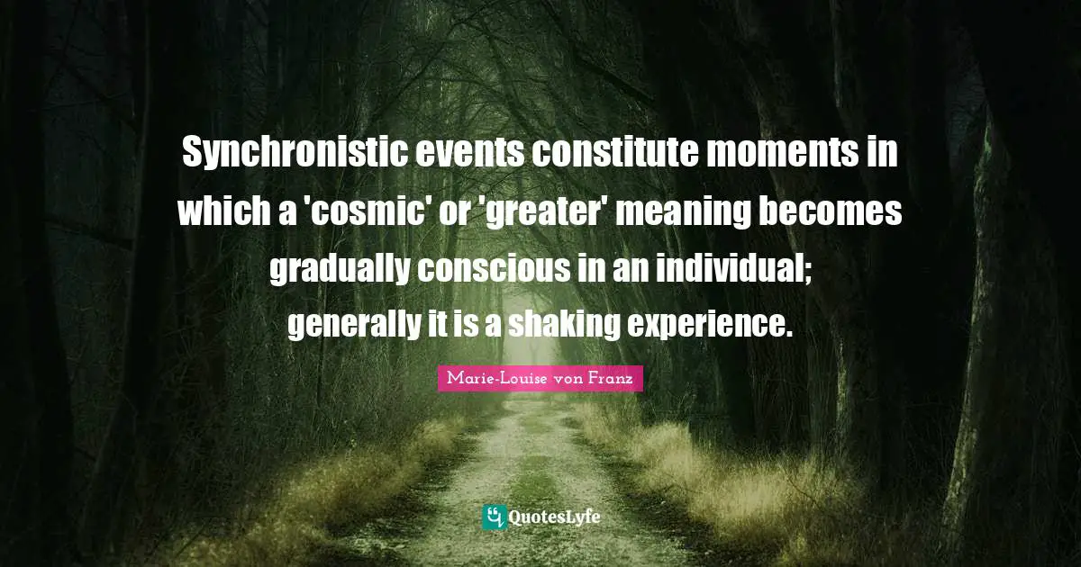 Synchronistic events constitute moments in which a 'cosmic' or 'greater' meaning becomes gradually conscious in an individual; generally it is a shaking experience.