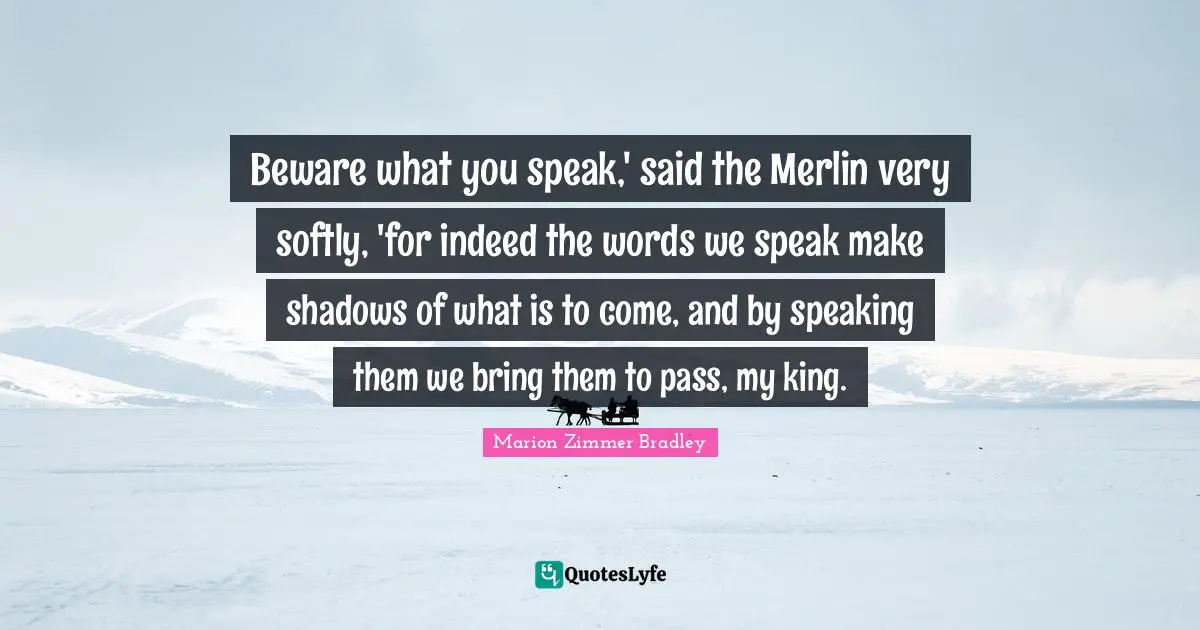 Beware what you speak,' said the Merlin very softly, 'for indeed the words we speak make shadows of what is to come, and by speaking them we bring them to pass, my king.