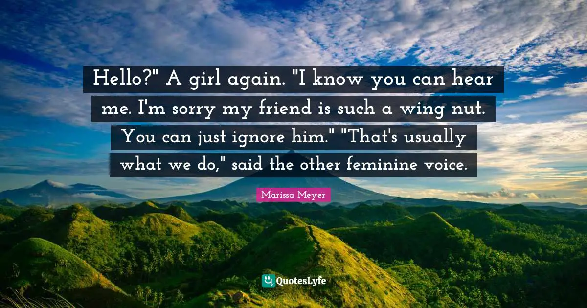 Hello?" A girl again. "I know you can hear me. I'm sorry my friend is such a wing nut. You can just ignore him." "That's usually what we do," said the other feminine voice.