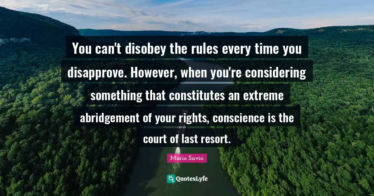 You can't disobey the rules every time you disapprove. However, when you're considering something that constitutes an extreme abridgement of your rights, conscience is the court of last resort.