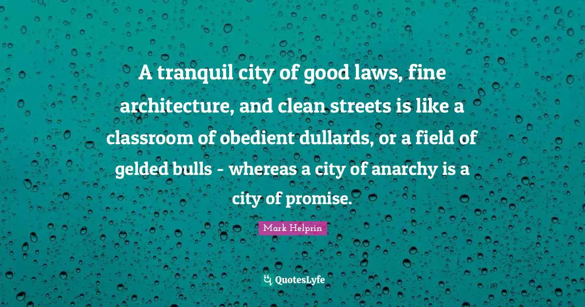 A tranquil city of good laws, fine architecture, and clean streets is like a classroom of obedient dullards, or a field of gelded bulls - whereas a city of anarchy is a city of promise.