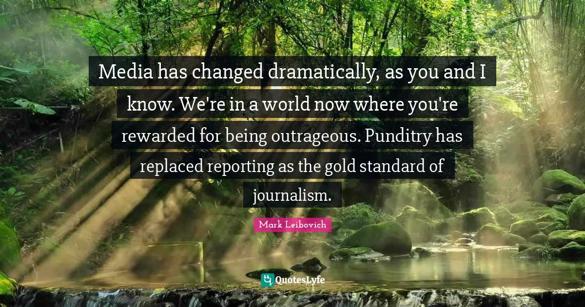 Media has changed dramatically, as you and I know. We're in a world now where you're rewarded for being outrageous. Punditry has replaced reporting as the gold standard of journalism.
