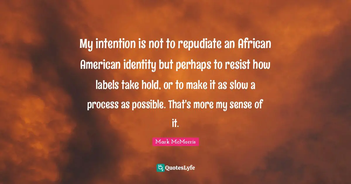 My intention is not to repudiate an African American identity but perhaps to resist how labels take hold, or to make it as slow a process as possible. That's more my sense of it.