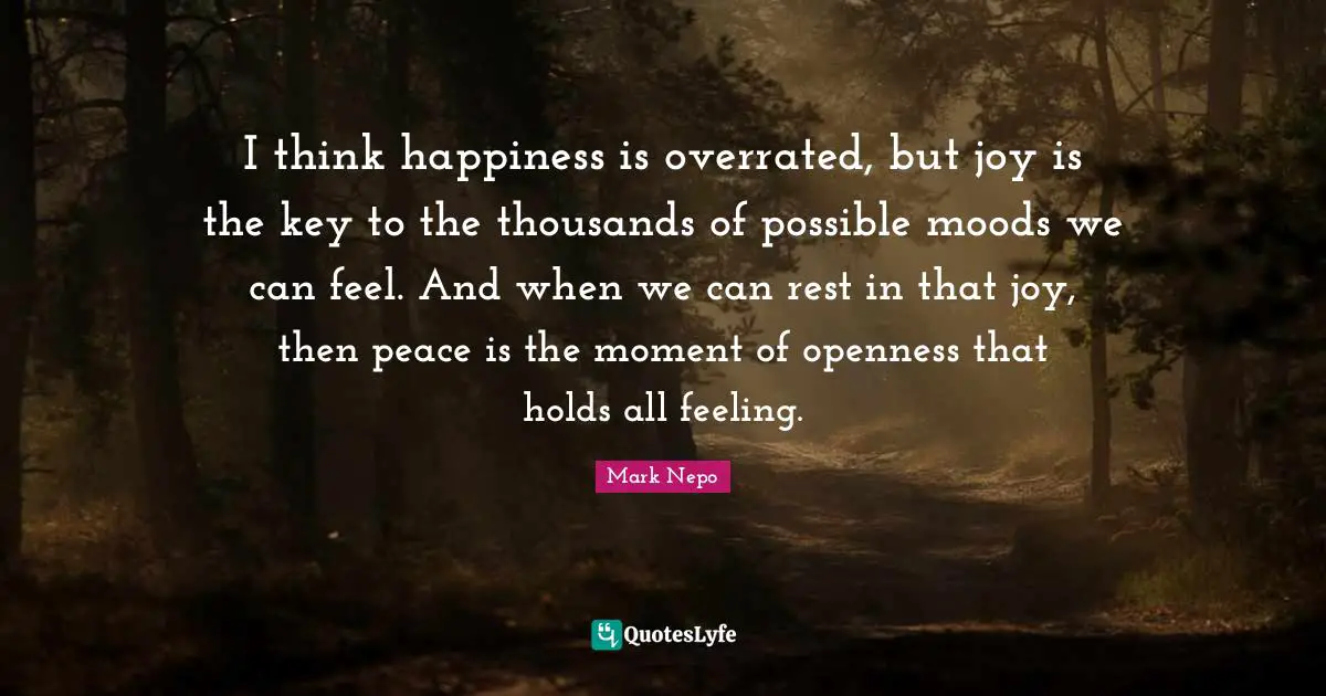 I think happiness is overrated, but joy is the key to the thousands of possible moods we can feel. And when we can rest in that joy, then peace is the moment of openness that holds all feeling.