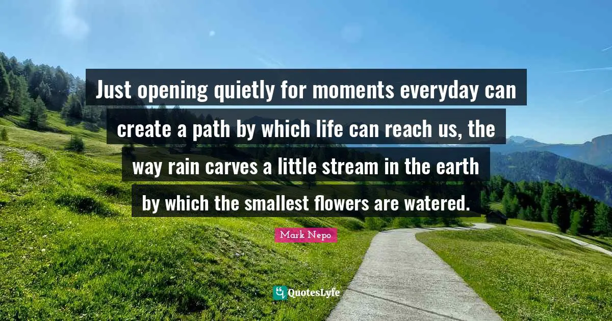 Mark Nepo Quotes: "Just opening quietly for moments everyday can create a path by which life can reach us, the way rain carves a little stream in the earth by which the smallest flowers are watered."