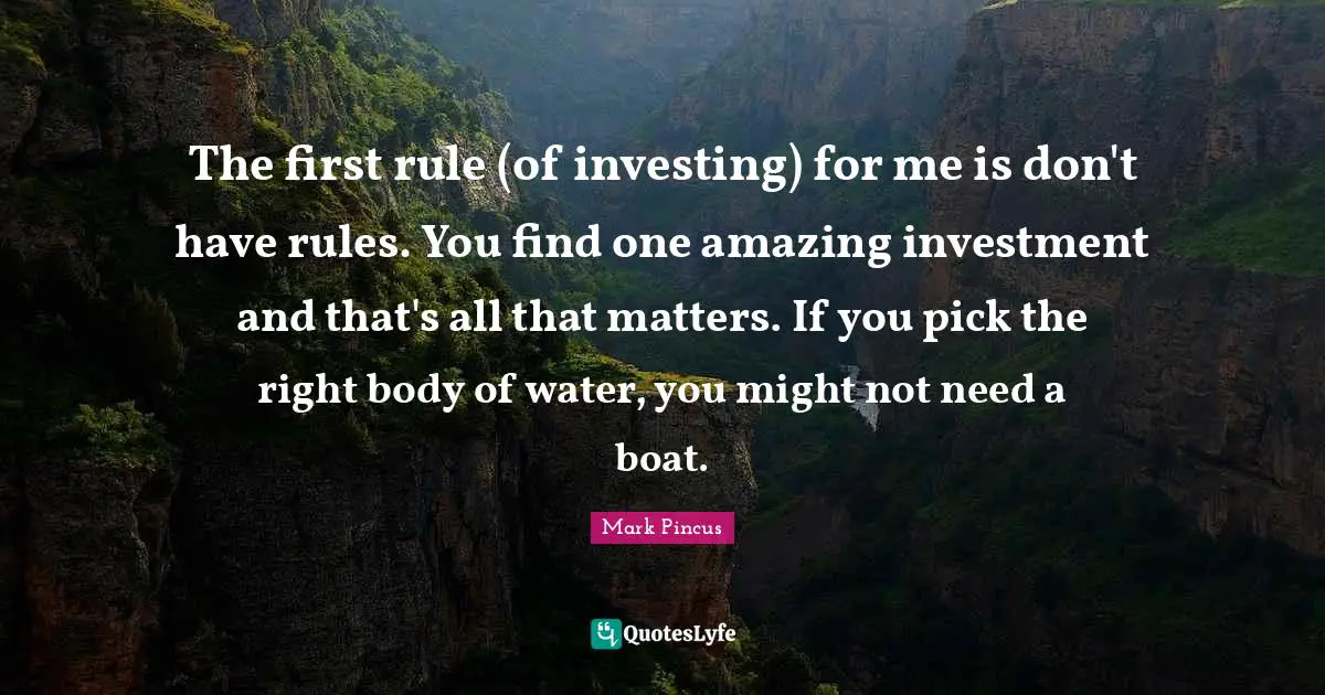 The first rule (of investing) for me is don't have rules. You find one amazing investment and that's all that matters. If you pick the right body of water, you might not need a boat.