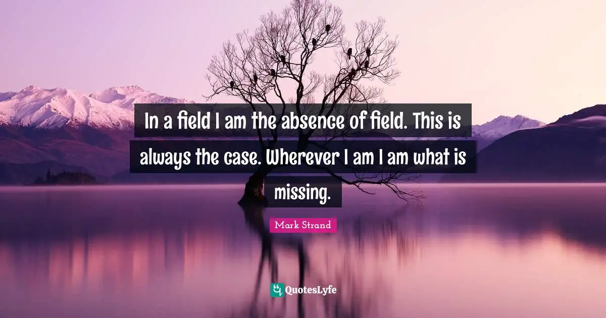 In a field I am the absence of field. This is always the case. Wherever I am I am what is missing.