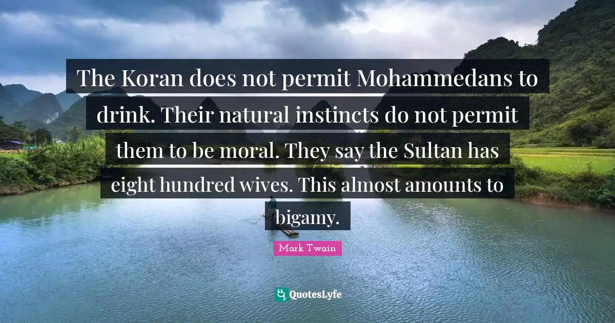 The Koran does not permit Mohammedans to drink. Their natural instincts do not permit them to be moral. They say the Sultan has eight hundred wives. This almost amounts to bigamy.