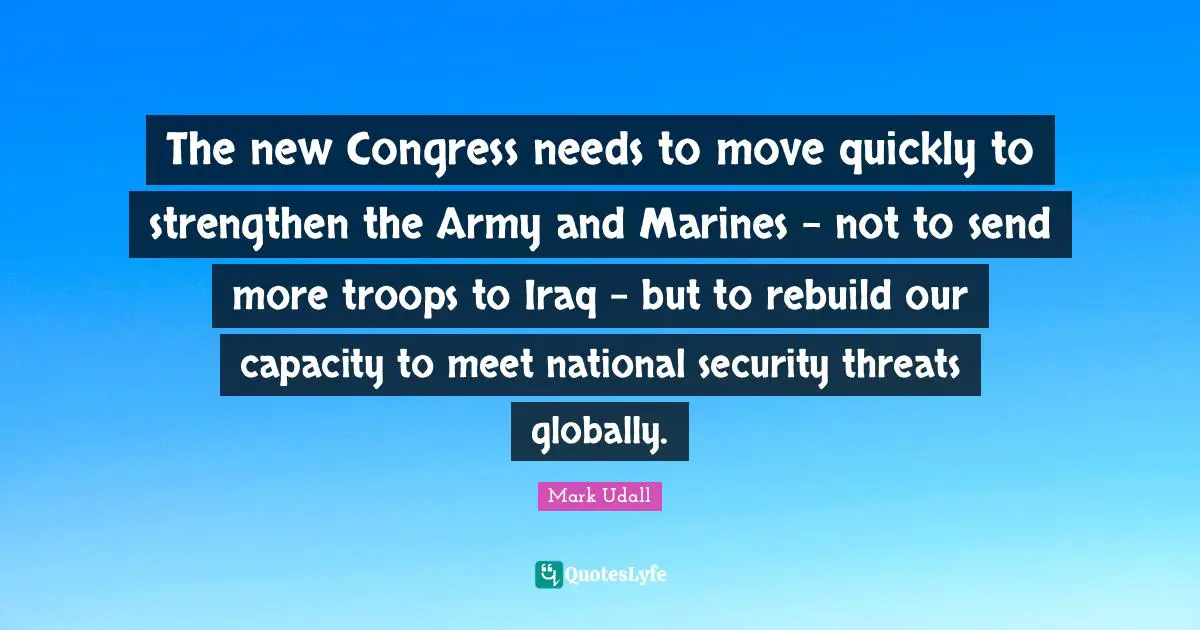 Mark Udall Quotes: "The new Congress needs to move quickly to strengthen the Army and Marines - not to send more troops to Iraq - but to rebuild our capacity to meet national security threats globally."
