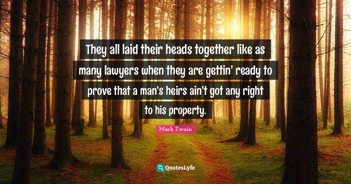 They all laid their heads together like as many lawyers when they are gettin' ready to prove that a man's heirs ain't got any right to his property.