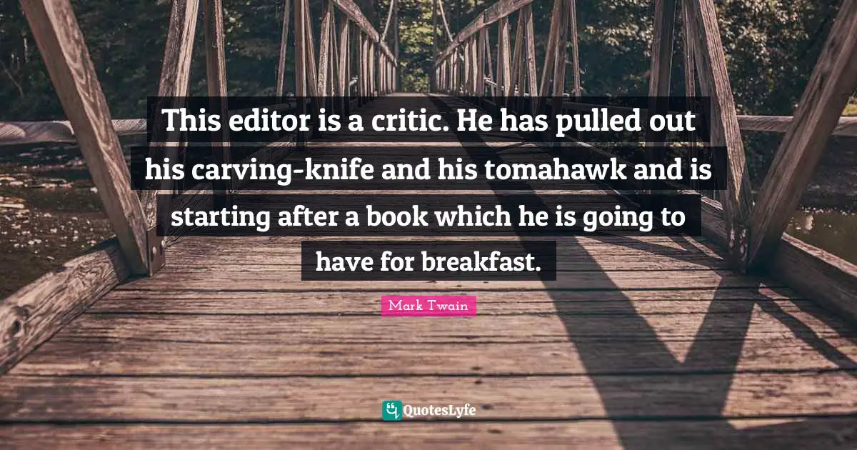 This editor is a critic. He has pulled out his carving-knife and his tomahawk and is starting after a book which he is going to have for breakfast.