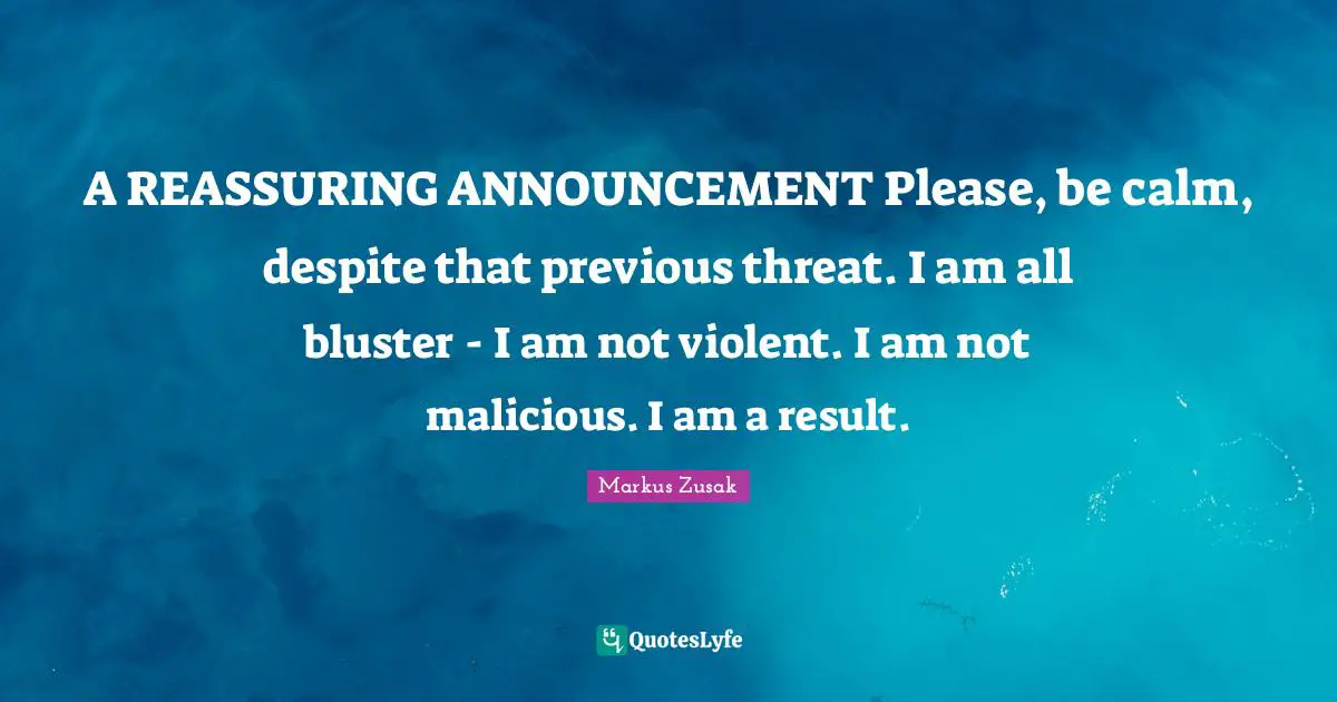 A REASSURING ANNOUNCEMENT Please, be calm, despite that previous threat. I am all bluster - I am not violent. I am not malicious. I am a result.
