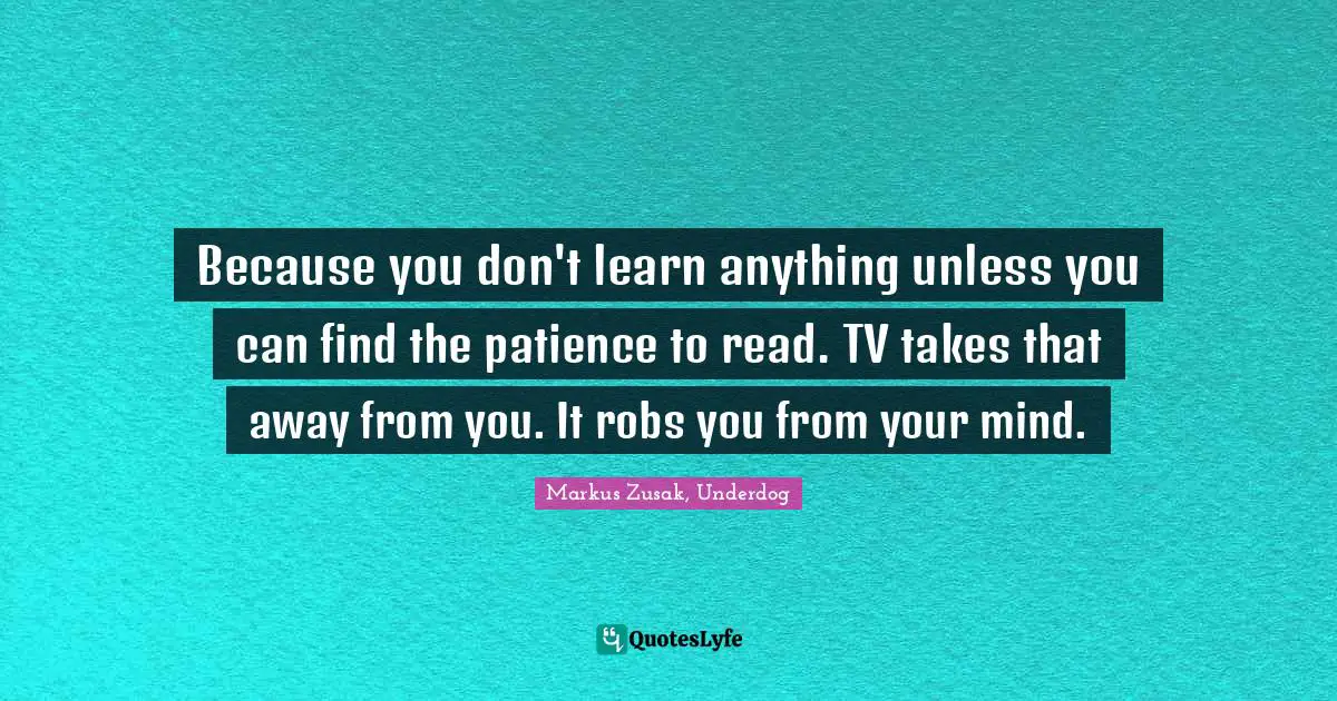 Markus Zusak, Underdog Quotes: "Because you don't learn anything unless you can find the patience to read. TV takes that away from you. It robs you from your mind."