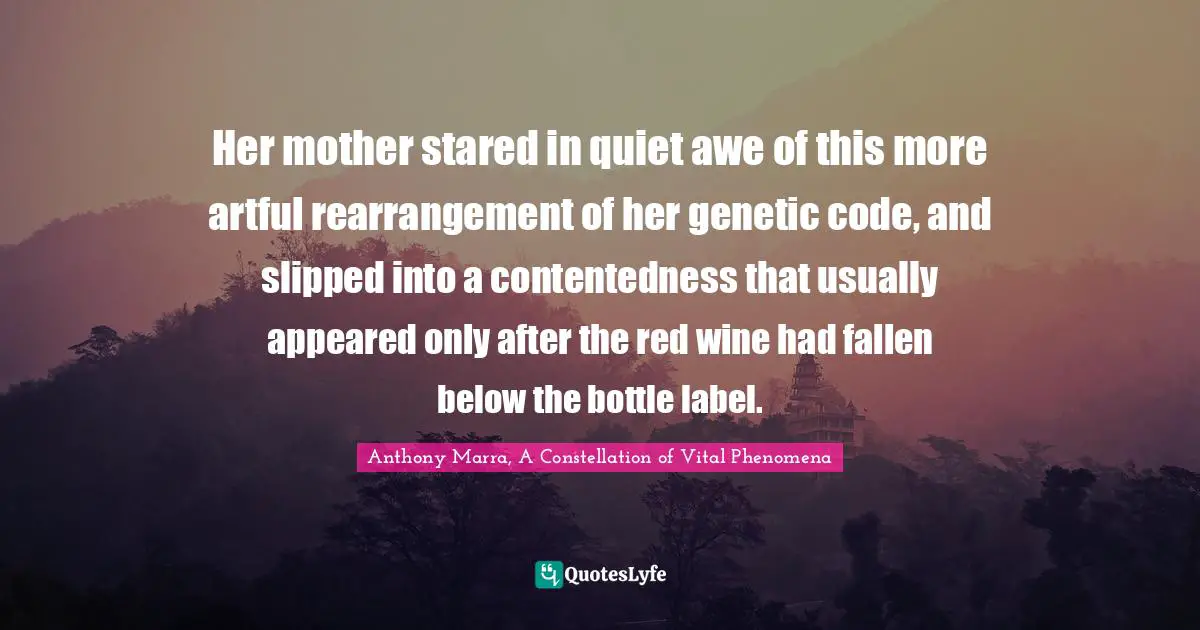 Her mother stared in quiet awe of this more artful rearrangement of her genetic code, and slipped into a contentedness that usually appeared only after the red wine had fallen below the bottle label.