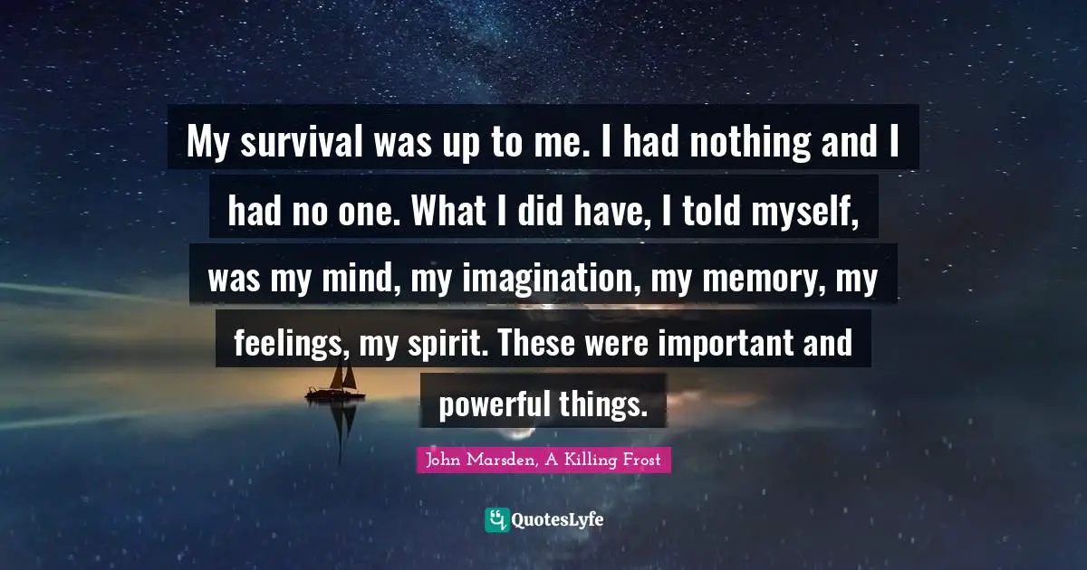 My survival was up to me. I had nothing and I had no one. What I did have, I told myself, was my mind, my imagination, my memory, my feelings, my spirit. These were important and powerful things.