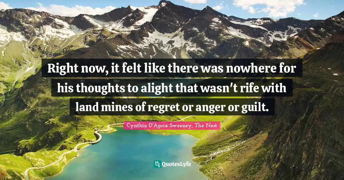 Cynthia D'Aprix Sweeney, The Nest Quotes: "Right now, it felt like there was nowhere for his thoughts to alight that wasn't rife with land mines of regret or anger or guilt."