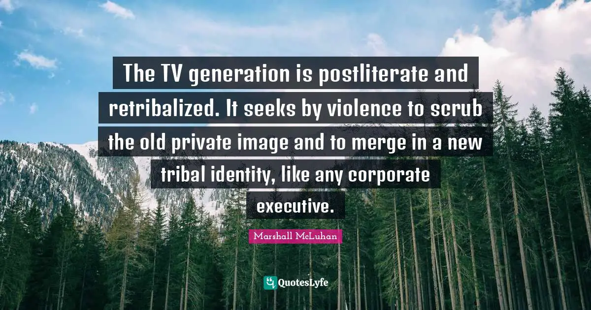 The TV generation is postliterate and retribalized. It seeks by violence to scrub the old private image and to merge in a new tribal identity, like any corporate executive.